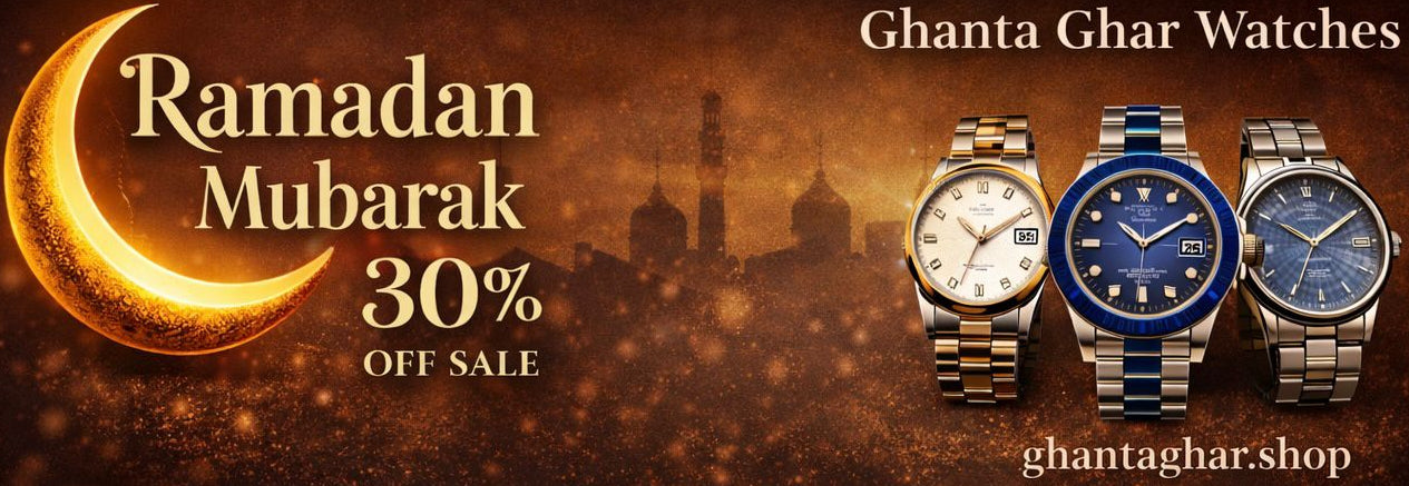 Promotional banner for Ghanta Ghar Watches with Ramadan Mubarak message and watches on a brown background.