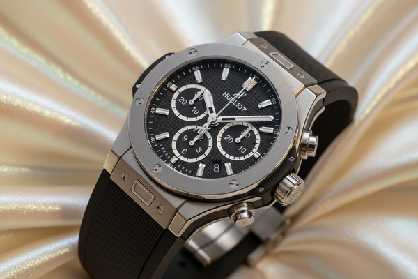 CREATE A IMAGE OF HUBLOTH WATCH WITH BG OF LIGHT GOLD