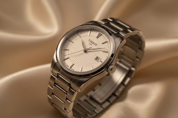 make a image for tissot watch and background should be like light gold